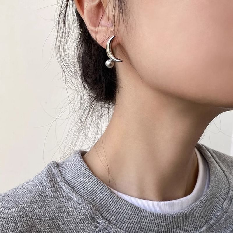 Pearl Silver Crescent Faux Sterling Stud Earring 925