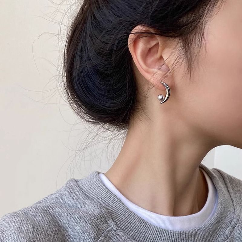 Pearl Silver Crescent Faux Sterling Stud Earring 925