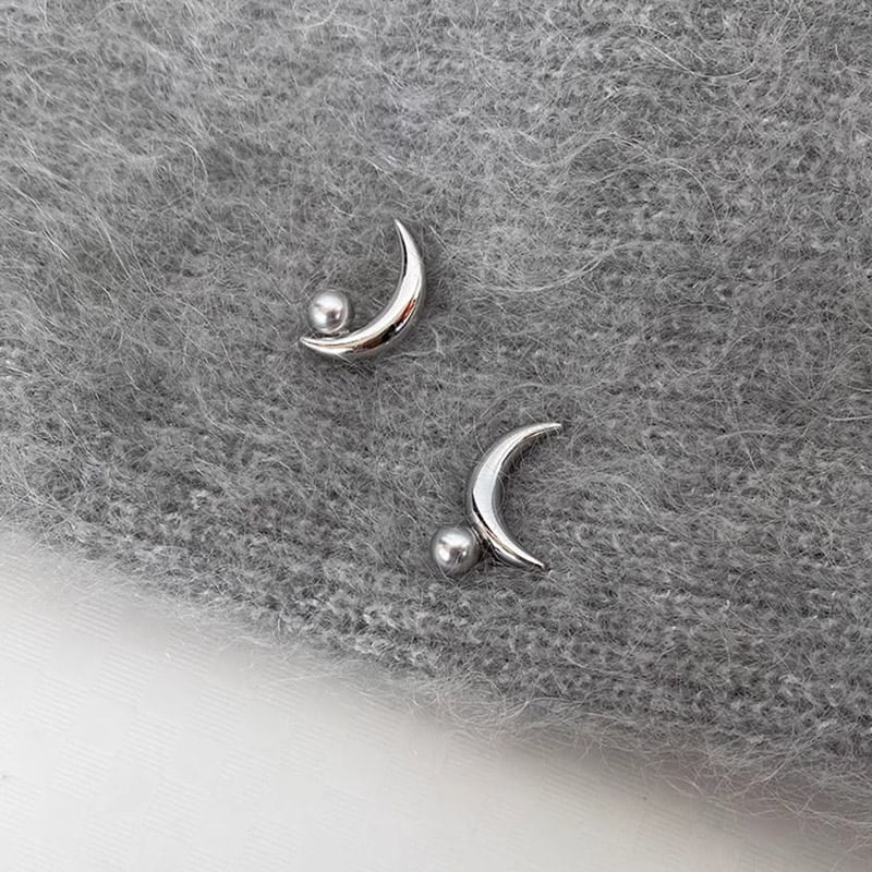 Pearl Silver Crescent Faux Sterling Stud Earring 925