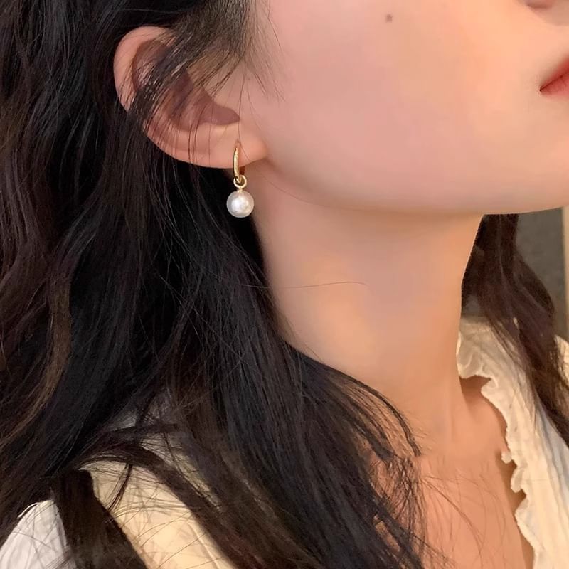 Faux Sterling Pearl Silver Hoop Drop 925 Earring