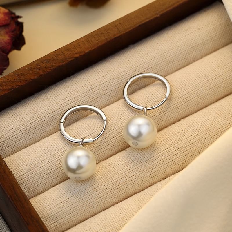 Faux Sterling Pearl Silver Hoop Drop 925 Earring