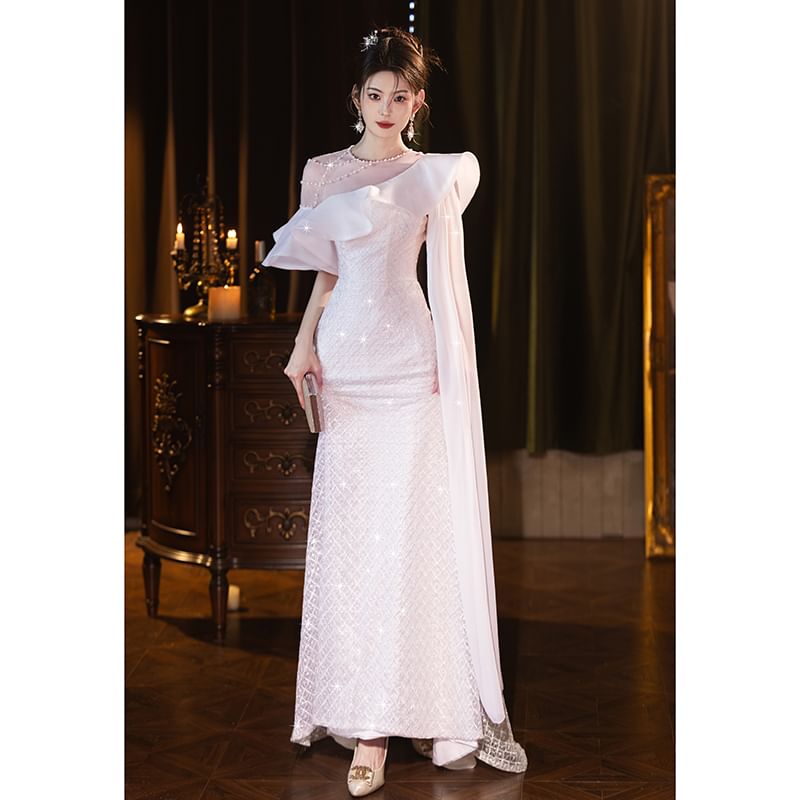 Off Shoulder Asymmetrical Mermaid Evening Gown