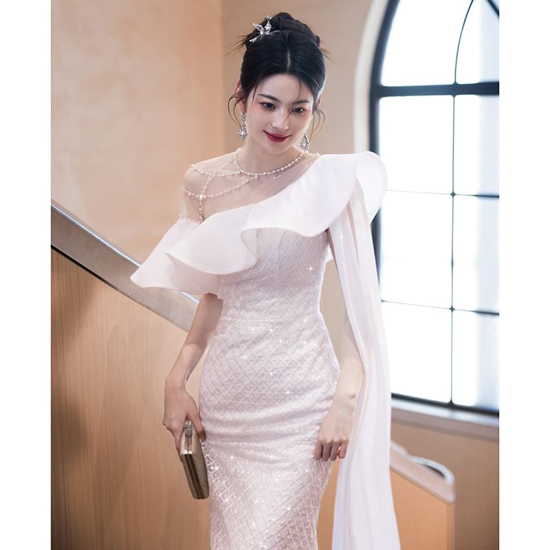Off Shoulder Asymmetrical Mermaid Evening Gown