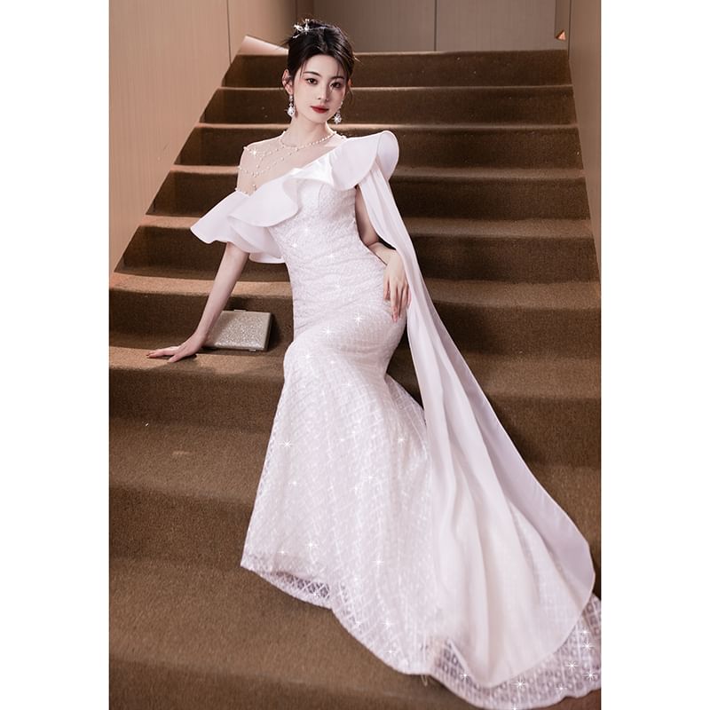 Off Shoulder Asymmetrical Mermaid Evening Gown