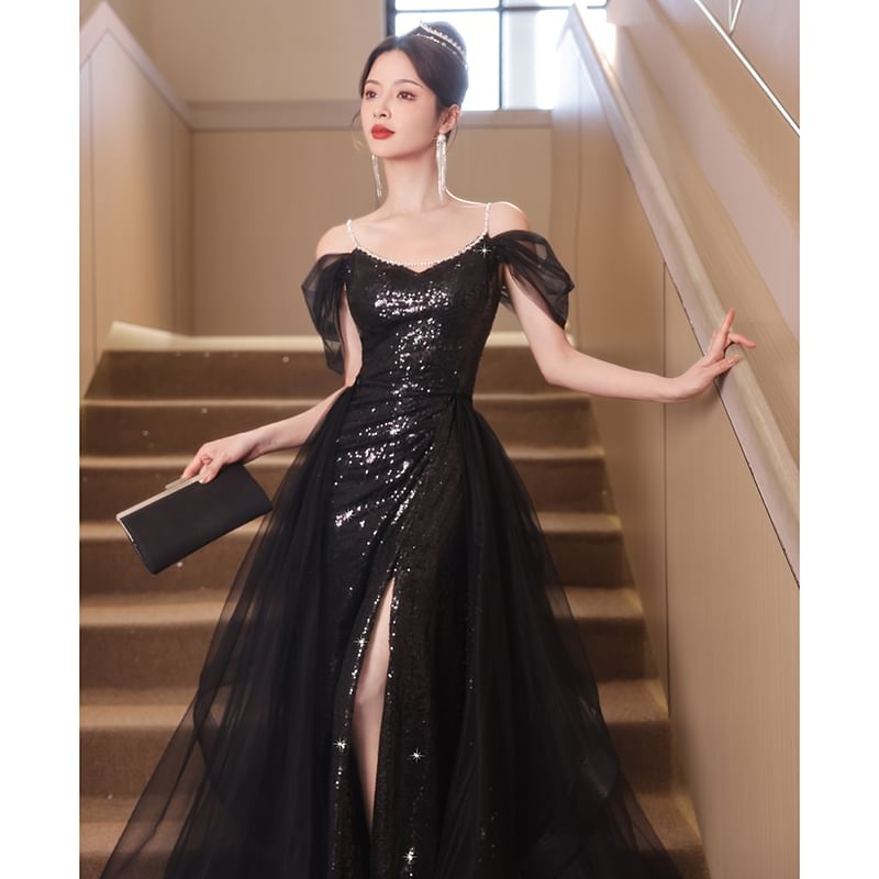 Short-Sleeve Cold Shoulder Sequin Maxi Mermaid Gown