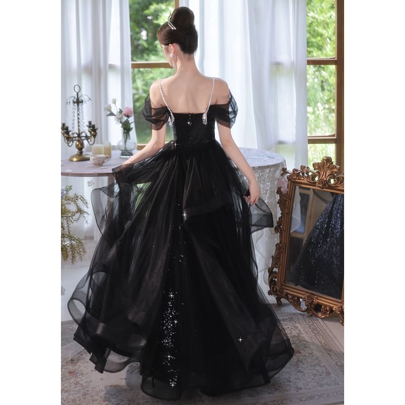 Short-Sleeve Cold Shoulder Sequin Maxi Mermaid Gown