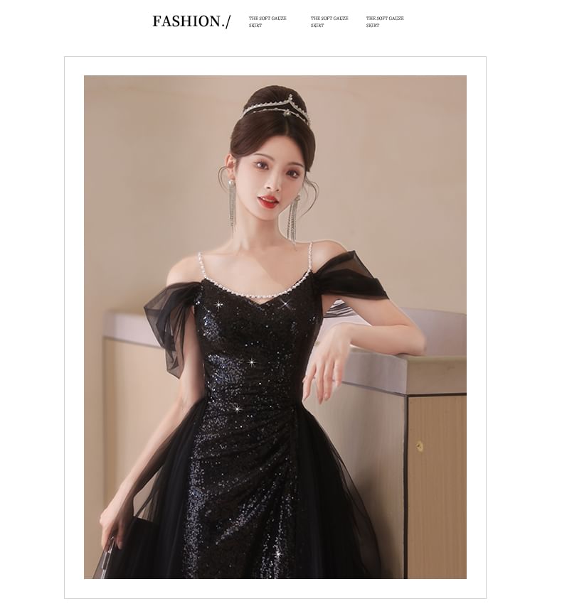 Short-Sleeve Cold Shoulder Sequin Maxi Mermaid Gown