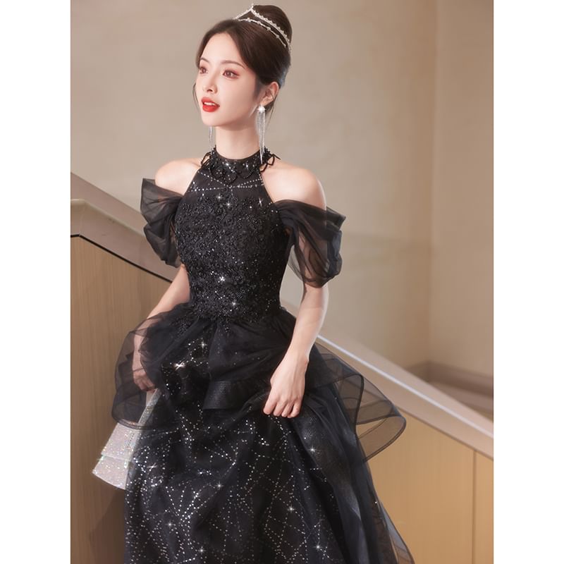 Cold Shoulder Sequin Mesh A-Line Evening Gown