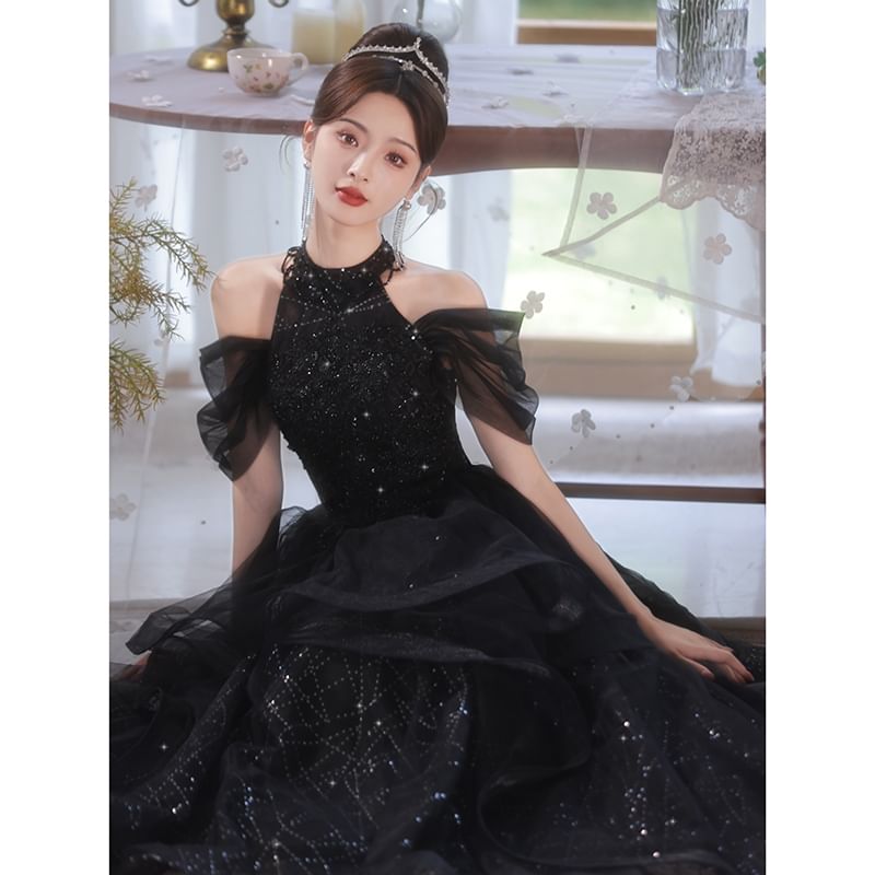 Cold Shoulder Sequin Mesh A-Line Evening Gown