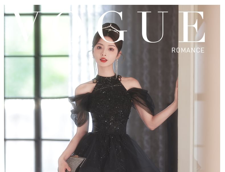 Cold Shoulder Sequin Mesh A-Line Evening Gown