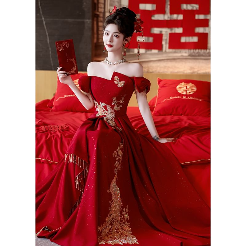 Off Shoulder Embroidered Asymmetrical A-Line Evening Gown