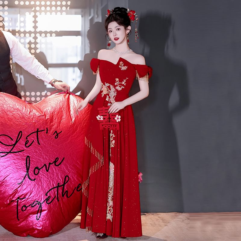 Off Shoulder Embroidered Asymmetrical A-Line Evening Gown