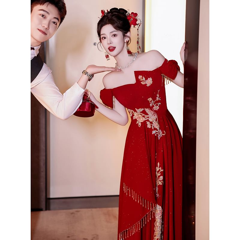 Off Shoulder Embroidered Asymmetrical A-Line Evening Gown