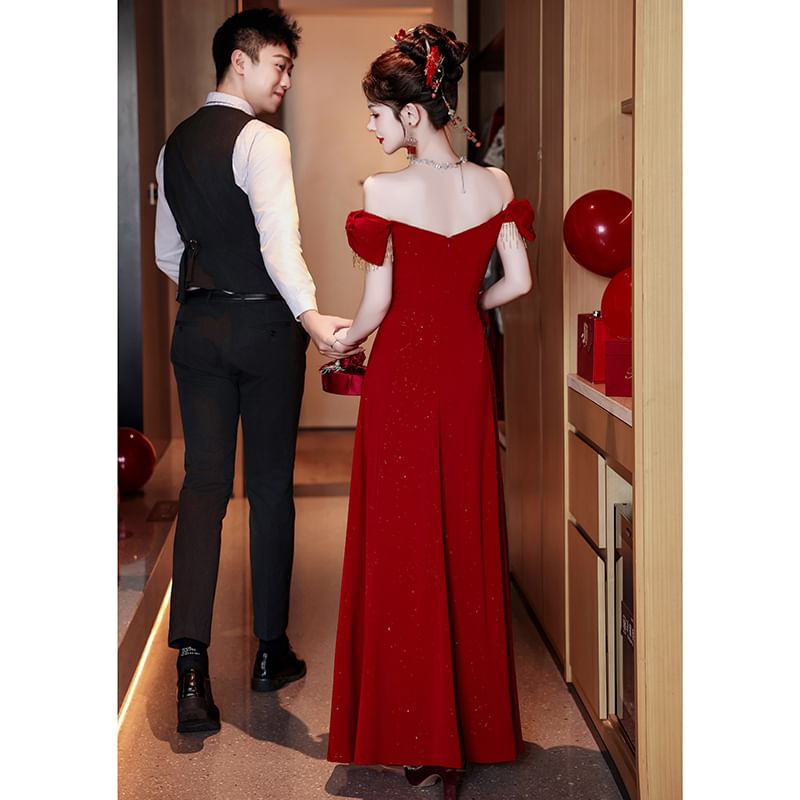 Off Shoulder Embroidered Asymmetrical A-Line Evening Gown