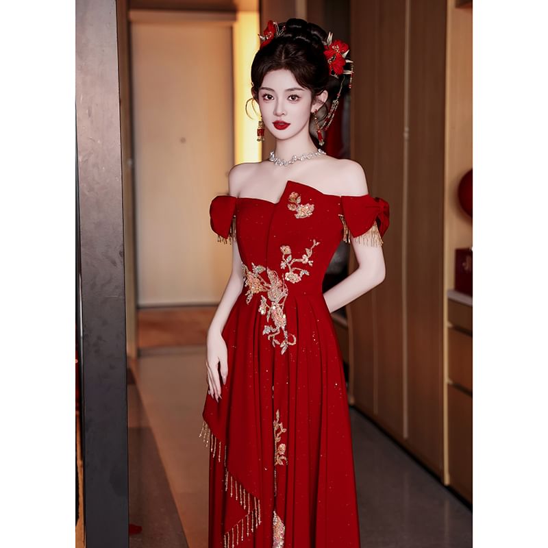 Off Shoulder Embroidered Asymmetrical A-Line Evening Gown