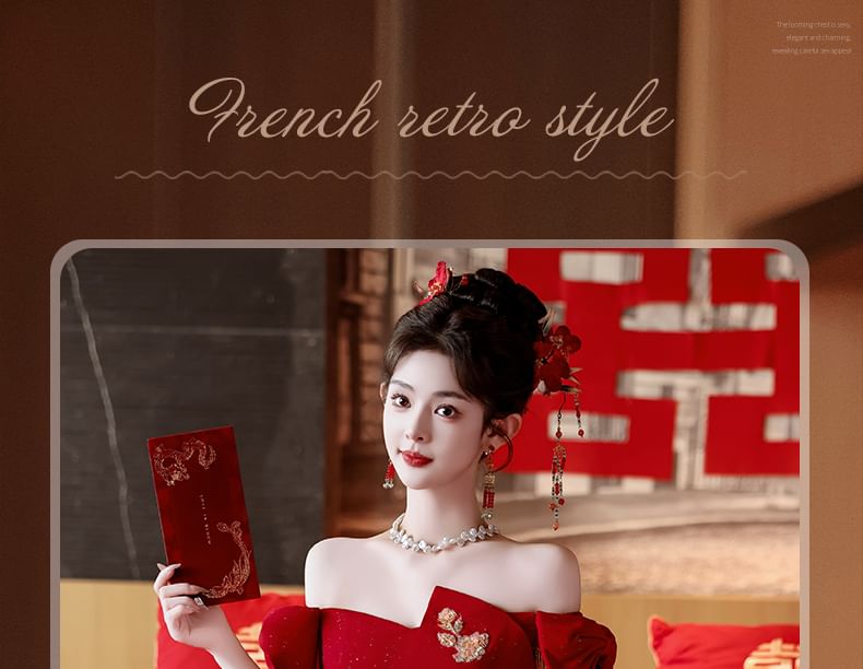 Off Shoulder Embroidered Asymmetrical A-Line Evening Gown