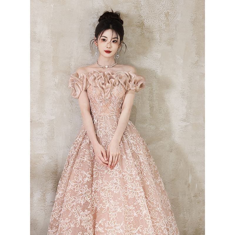 Off Shoulder Ruffle A-Line Evening Ball Gown