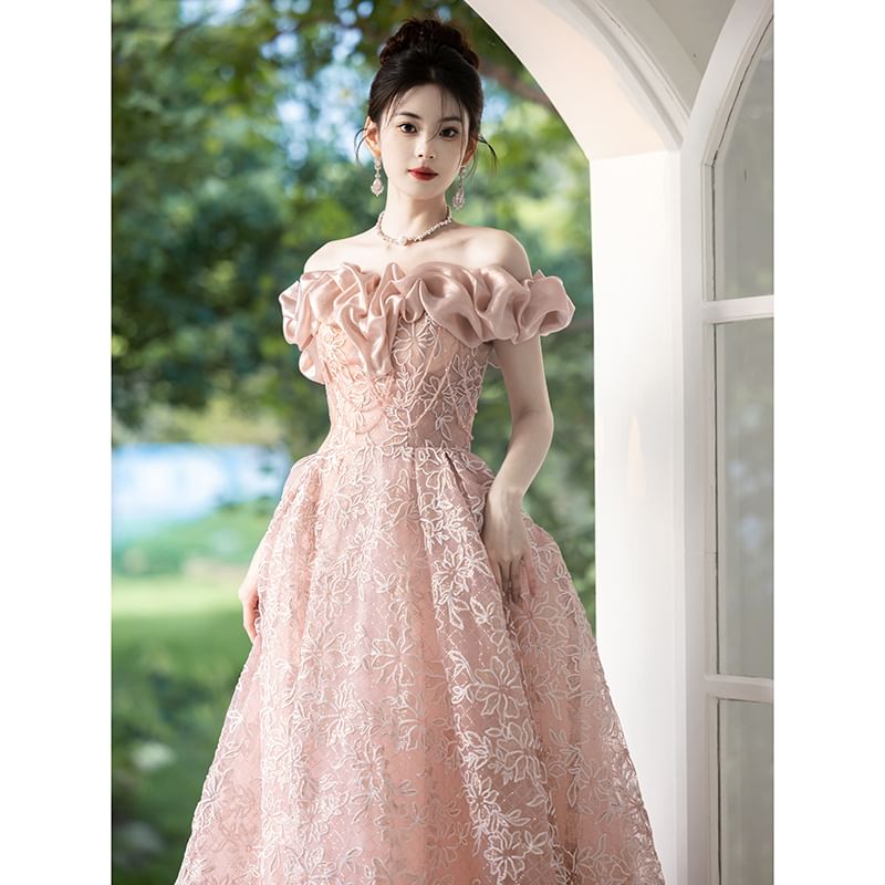 Off Shoulder Ruffle A-Line Evening Ball Gown