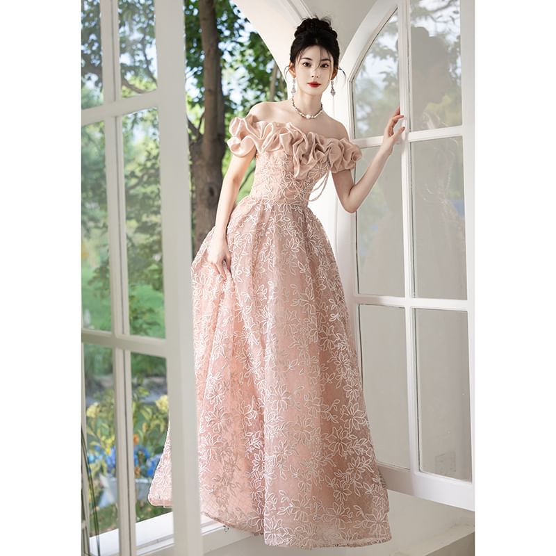 Off Shoulder Ruffle A-Line Evening Ball Gown