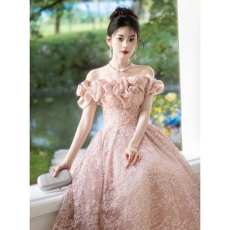 Off Shoulder Ruffle A-Line Evening Ball Gown
