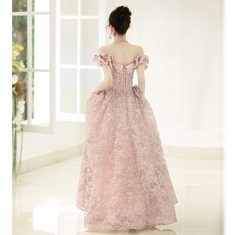 Off Shoulder Ruffle A-Line Evening Ball Gown