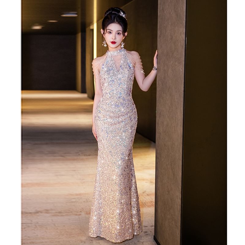 Sleeveless Sequin Mermaid Evening Gown
