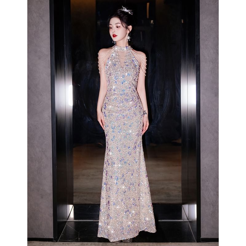 Sleeveless Sequin Mermaid Evening Gown