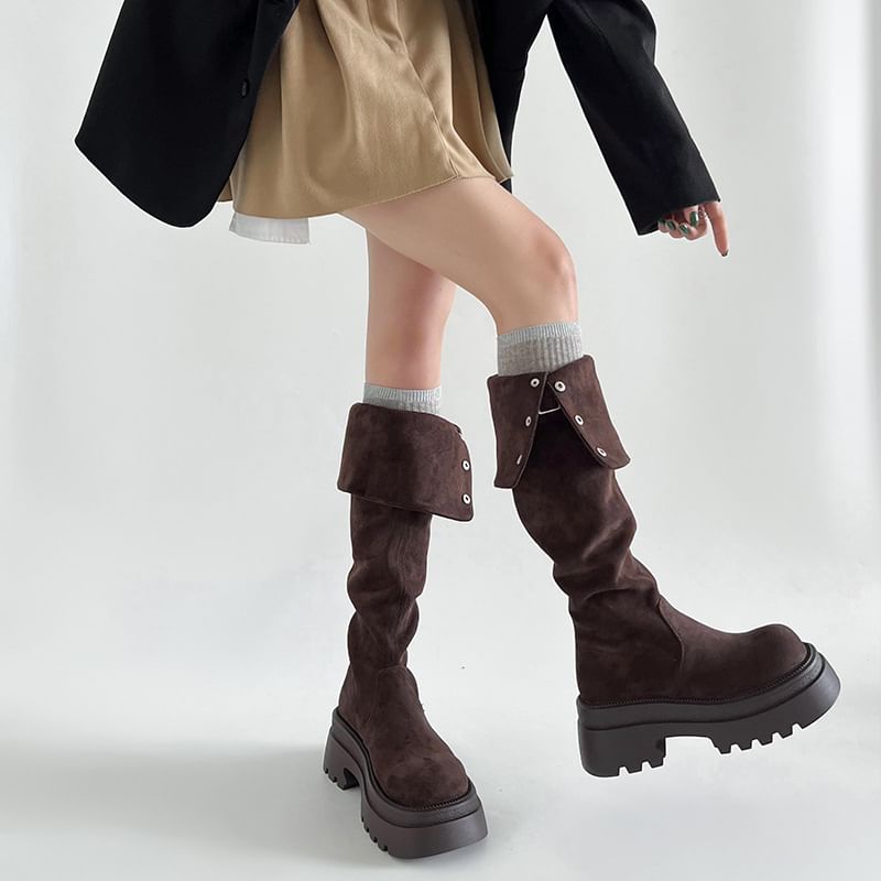 Over Button Platform Knee Buckled Faux The Suede Boots