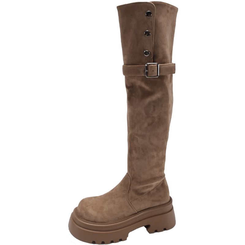 Over Button Platform Knee Buckled Faux The Suede Boots