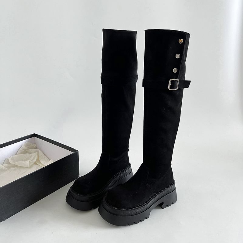 Over Button Platform Knee Buckled Faux The Suede Boots