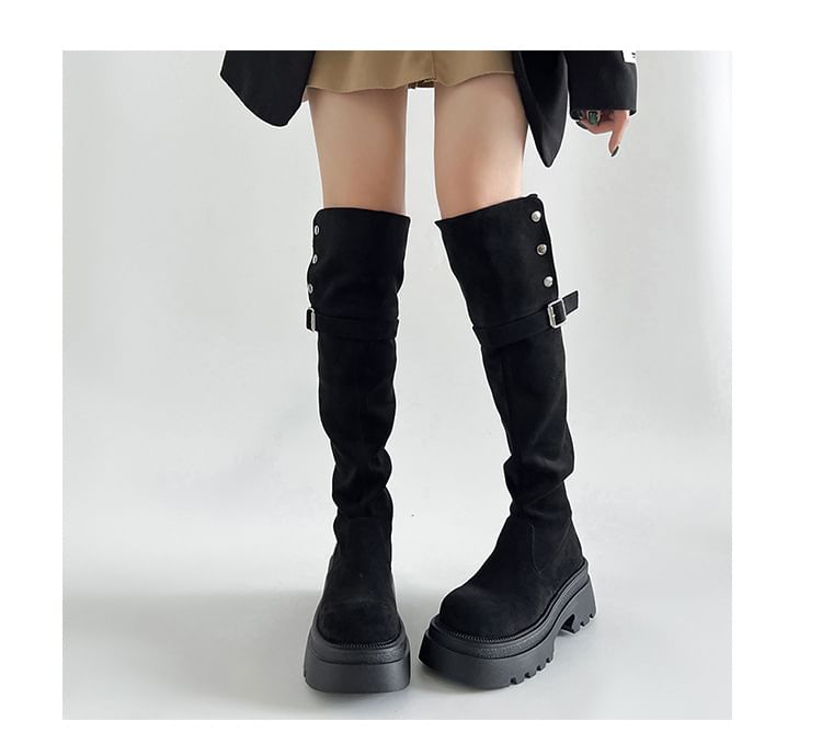 Over Button Platform Knee Buckled Faux The Suede Boots