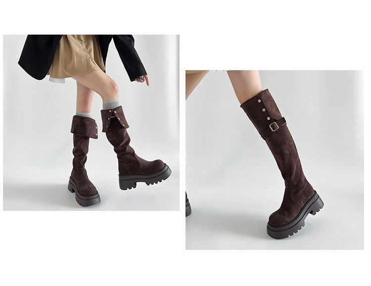Over Button Platform Knee Buckled Faux The Suede Boots