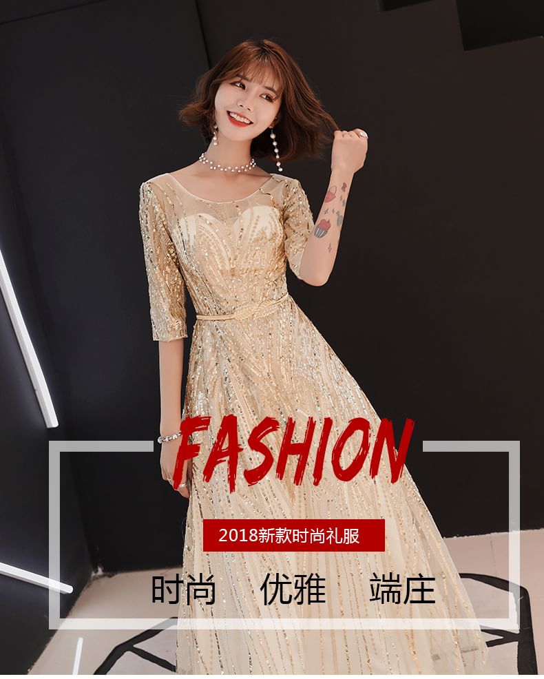 A-Line Sequin Neck Elbow-Sleeve Evening Gown Round