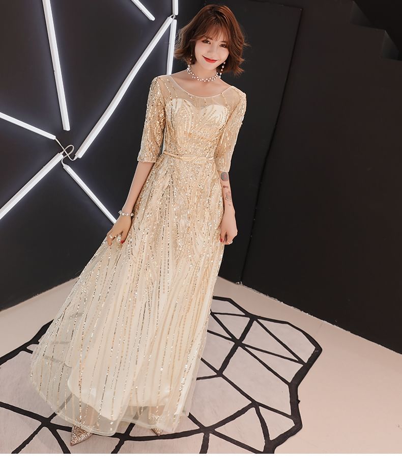 A-Line Sequin Neck Elbow-Sleeve Evening Gown Round
