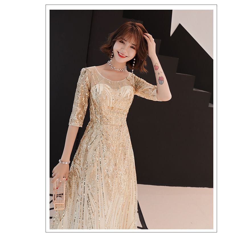 A-Line Sequin Neck Elbow-Sleeve Evening Gown Round