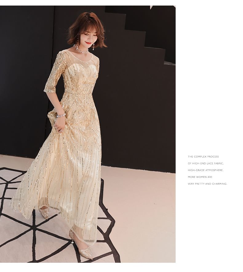 A-Line Sequin Neck Elbow-Sleeve Evening Gown Round