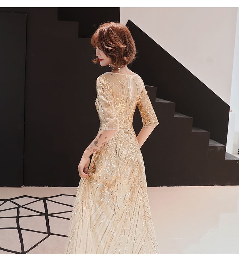 A-Line Sequin Neck Elbow-Sleeve Evening Gown Round