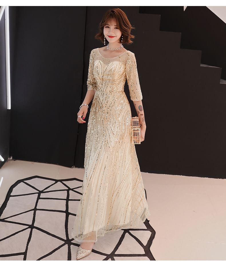 A-Line Sequin Neck Elbow-Sleeve Evening Gown Round