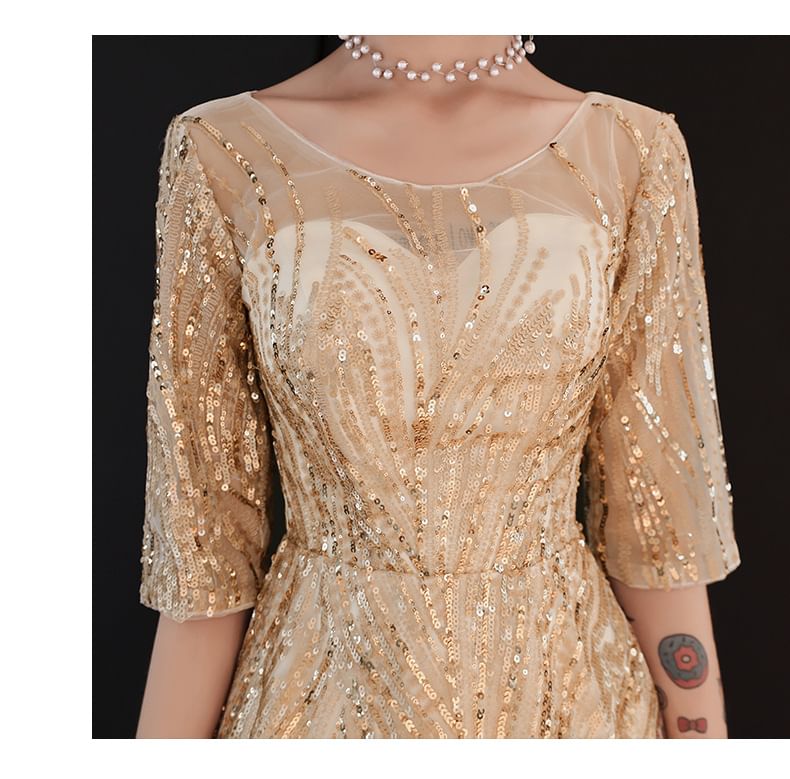 A-Line Sequin Neck Elbow-Sleeve Evening Gown Round