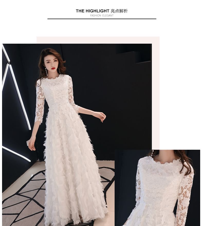 Neck Gown Fringed Midi Lace 3/4-Sleeve Dress / Evening A-Line Round
