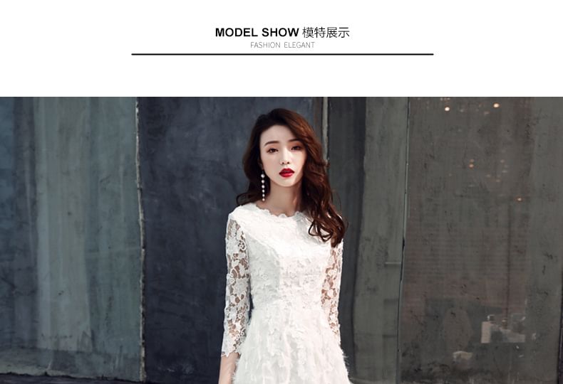 Neck Gown Fringed Midi Lace 3/4-Sleeve Dress / Evening A-Line Round