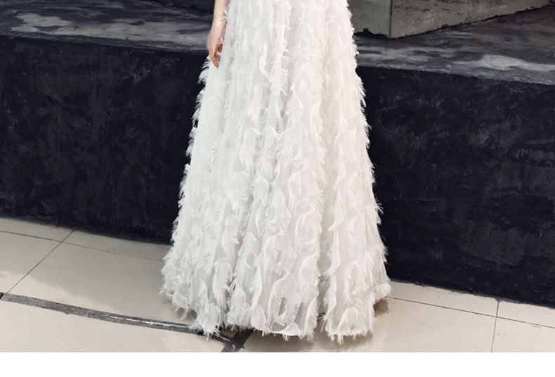 Neck Gown Fringed Midi Lace 3/4-Sleeve Dress / Evening A-Line Round