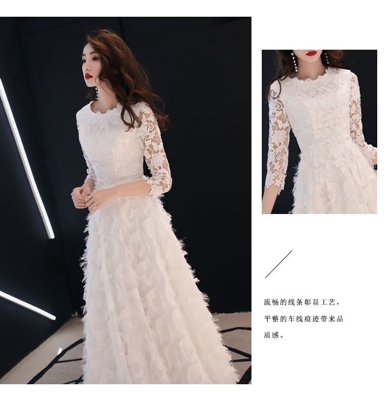 Neck Gown Fringed Midi Lace 3/4-Sleeve Dress / Evening A-Line Round