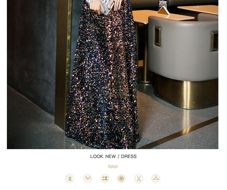 Neck Panel Evening Notch Sequin 3/4-Sleeve (Various Gown Designs)