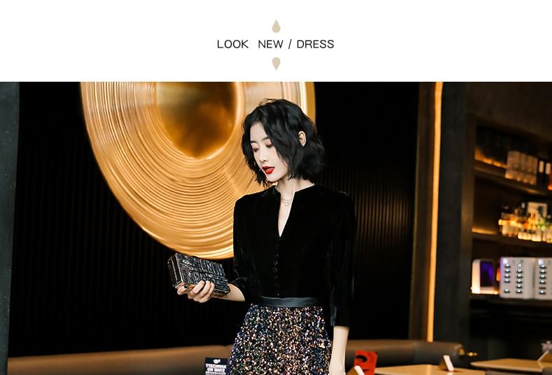 Neck Panel Evening Notch Sequin 3/4-Sleeve (Various Gown Designs)