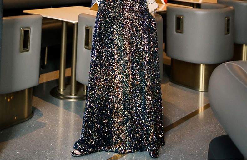 Neck Panel Evening Notch Sequin 3/4-Sleeve (Various Gown Designs)