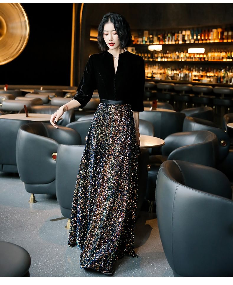 Neck Panel Evening Notch Sequin 3/4-Sleeve (Various Gown Designs)