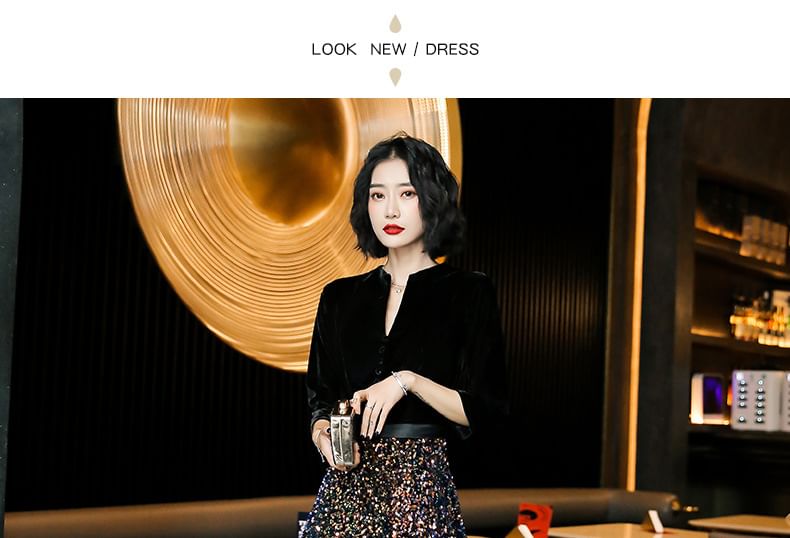 Neck Panel Evening Notch Sequin 3/4-Sleeve (Various Gown Designs)