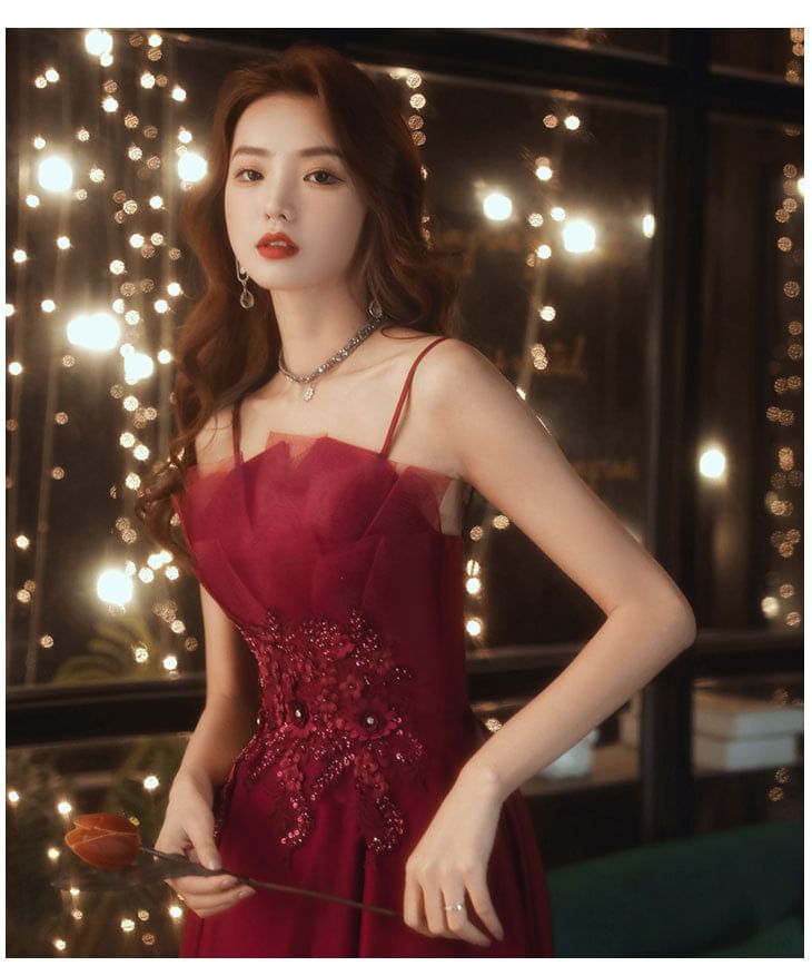 A-Line Spaghetti Evening Strap Sequin Gown Midi / Dress