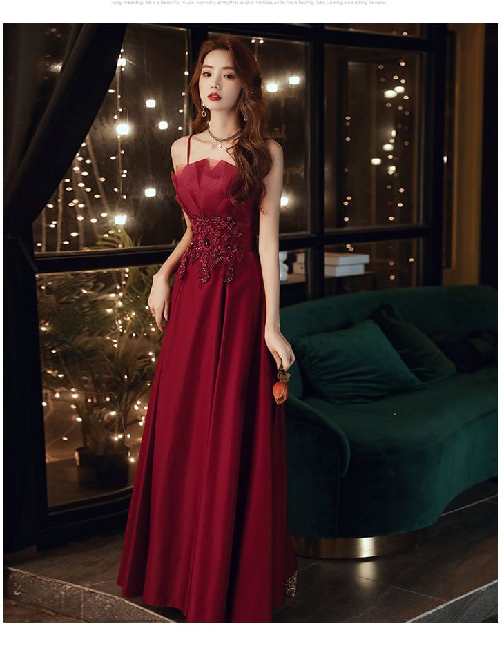 A-Line Spaghetti Evening Strap Sequin Gown Midi / Dress
